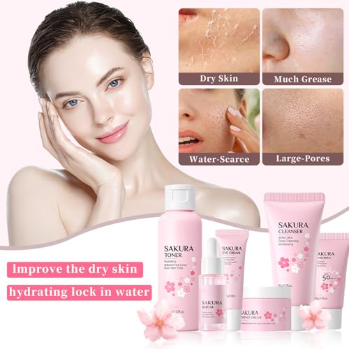 Coffret de soins 6 pièces Sakura, Coffret de soins du visage Sakura, Coffret de soins pour la peau Cherry Blossom, Hydratant et hydratant, set de traitement nettoyant pour le visage – Image 4