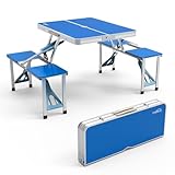 VINGLI 4Ft Portable Folding Picnic Table Camping Table Foldable Set with 4 Seats with Umbrella Hole Suitcase Card Table-220 Lbs Support Aluminum Frame, Plastic RV Tabletop for Yard, Travel-Green