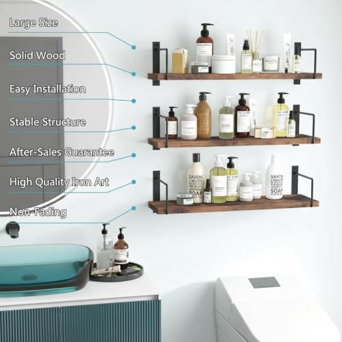 Image of Wall Mounted Bathroom Shelves Set of 3, Glossy Brown Rustic Wood Floating Shelves with Metal Brackets, Wall Storage Rack for Toiletries, Organizer, Kitchen, Bedroom, Living Room 23.5 inch