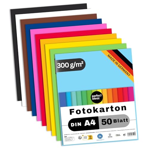 perfect ideaz 50 Blatt Fotokarton DIN-A4, 10 Farben, 300 g/m², Made in Germany, Blauer Engel zertifiziert