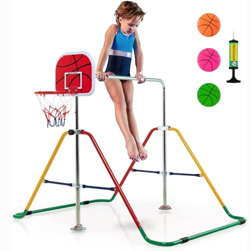 Costzon Kids Gymnastics Bar, Expandable Horizontal Training With 4-Level Adjustable Height, Basketball Hoop, 3 Balls & Pump, Kip Bar for Girls Boys at Home Gym (Multi-Color)