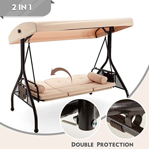 Image of HOMREST 3 Seat Outdoor Porch Swing with Adjustable Canopy, Convertible Patio Swing Bed with Stand, Patio Glider Swing with Upgraded Cup Holder, Thicken Cushions ＆ Pillow for Backyard(Khaki)