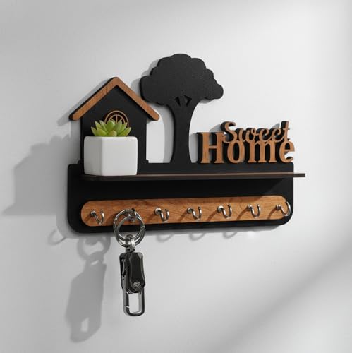 Image of Deskart Premium Wooden Key Holder for Wall with 7 Stainless Steel Hooks Sweet Home 3D Key Hanger Wall Mounted Key Organizer with Decorative Shelf Key Stand for Home, Office & Entrance (Sweet Home 3D)