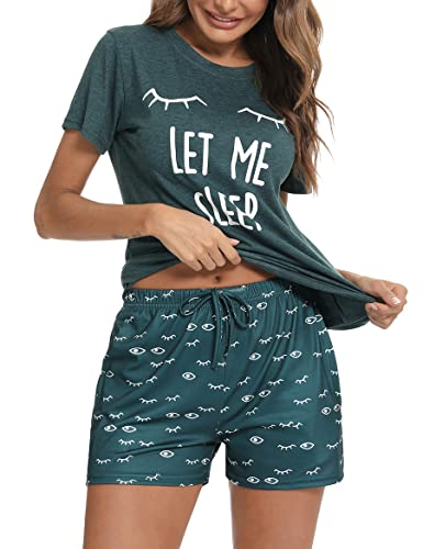 Uniexcosm Schlafanzug Damen Kurz Baumwolle Zweiteiliger Pyjama Set Kurzarm Nachtwäsche Wimperndruck Sleepwear Hausanzug Loungewear Stil 1:Dunkelgrün S 2