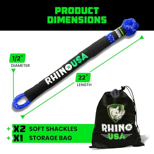 Image of Rhino USA Synthetic Soft Shackle Rope (2-Pack) - 44,050lb Offroad Recovery | 1 /2in x 22in Soft Shackles, 44,050lb Min Break Strength. For Truck, UTV, ATV. Compatible with Jeep, Toyota, Ford. Blue