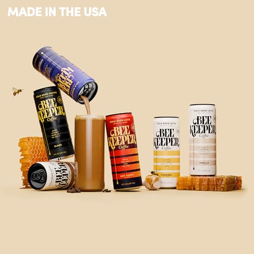 Image of Beekeeper Hot Honey Latte Cold Brew Coffee Drinks with Oregon Honey | 12 Pack Refreshing Iced Coffee - Unsweetened & Strong Arabica Brew, 8 fl oz Ready-to-Drink Can - 180mg Natural Caffeine