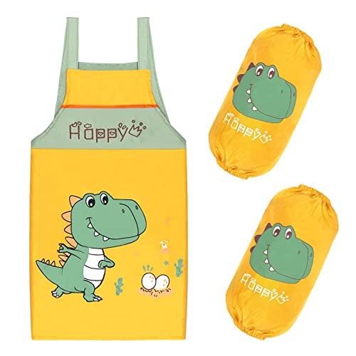 Cuidongsheng Delantal para Niños Dinosaurios,Bolsillos+Mangas,- delantal de cocina para manualidades, pintar, hornear, cocinar, delantal para colorear para niños y niñas(7-13 Años) Cover