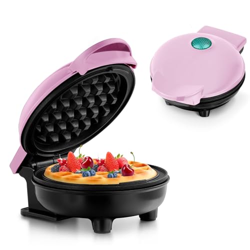 Mini gofrera clásica para hacer gofres pequeños con revestimiento antiadherente, diseño retro para cumpleaños, reuniones familiares, color rosa