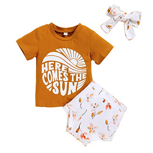 Baby Girl Summer Clothes Short Sleeve T-Shirt Top+Ruffle Short Pant+Headband Outfits (Brown, 12-18 Months)