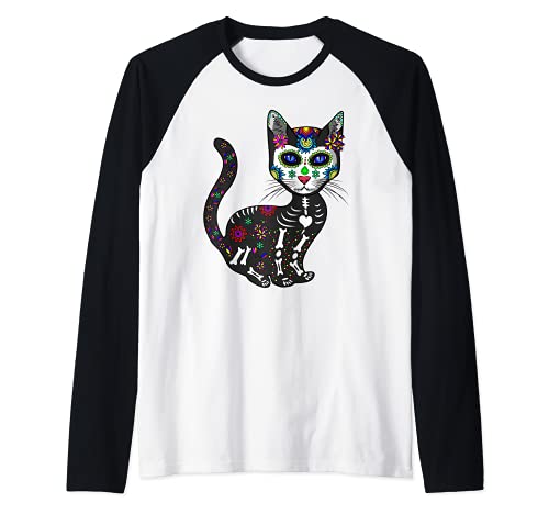 Craneo De Gato Sugar Skull Cat Halloween Dia De Los Muertos Raglan Baseball Tee, Black