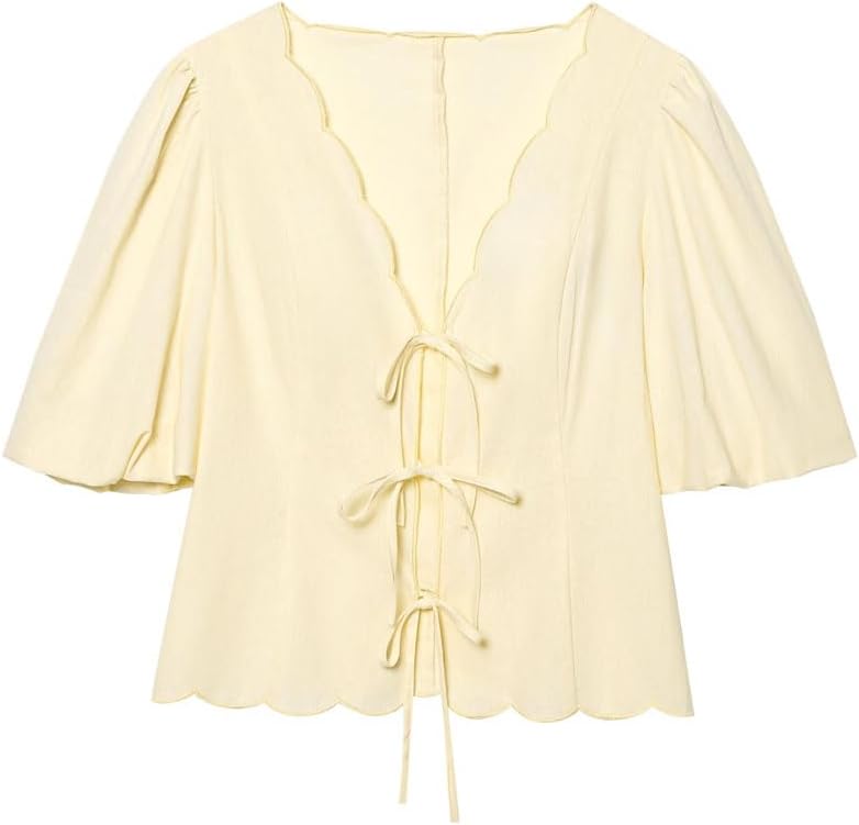 Women's Two-Piece Suit With Lace Short Puff Sleeve Shirt Top Solid Color Loose Pants Suit