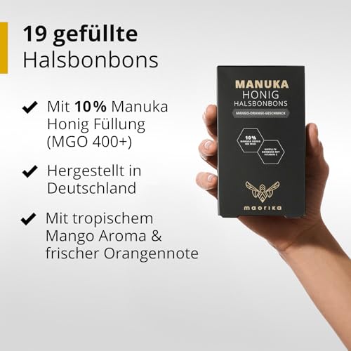 maorika Manuka Honig Bonbons mit fruchtig-exotischem Mango-Orangen Geschmack - Manuka Halsbonbons MGO 400+ aus Neuseeland, zertifiziert und laborgeprüft (100g, 19 Stück)