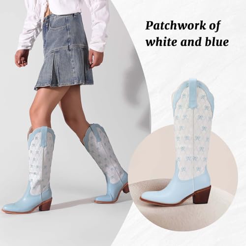 Women's Cute Cowboy Boots With Bow Embroidery Casual Knee High Cowgirl Boots For Women Chunky Heel Pointed Toe Western Style Boot With Color-Block Design For Prom Dressy Party3