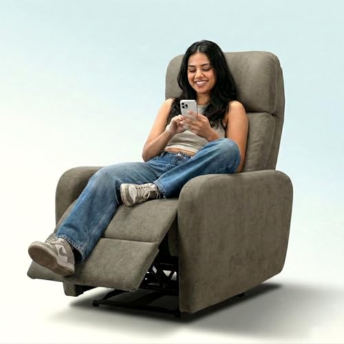 Image of EVA Manual Recliner Chair with Adjustable Headrest | Brown Boucle Fabric Upholstery | Ergonomic Single Seater Recliner for Living Room & Home Theater | 18 Months Warranty