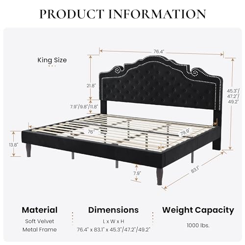 image for SHA CERLIN King Size Platfrom Bed Frame with Adjustable Headboard/Velv