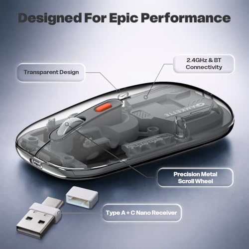 Image of Amkette Epic TP Advanced Transparent Wireless Mouse /Bluetooth Mouse Rechargeable, USB-A+USB-C Nano Receiver, 3200DPI, Type-C Charging, 3 Device Connectivity for Laptop, PC, MacBook, Tablet & More