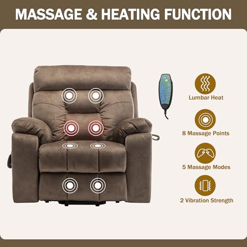 Oversized Power Lift Recliner Chair for Elderly with Massage Heat, Brown Velvet Electric Lay Flat Recliners with Cup Holders, Side Pockets, Infinite Position, Gift for Family