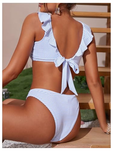 Verdusa Women's 2 Piece Striped Bikini Set Ruffle Tie Back Swimsuit Bathing Suit3