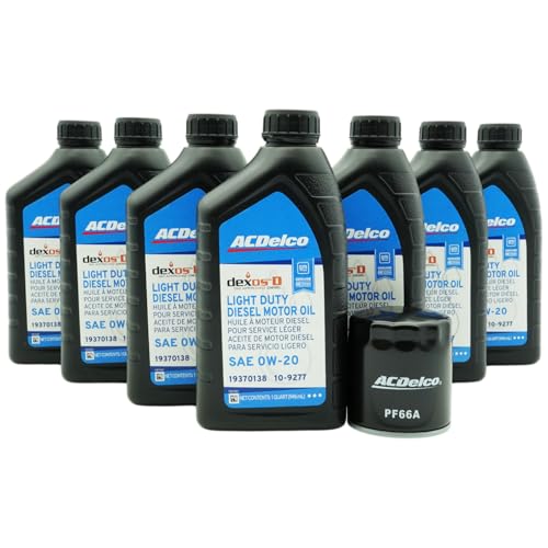 ACDelco dexosD SAE 0W-20 Light Duty Diesel Motor Oil Bundle with ACDelco PF66A Oil Filter for 3.0L Duramax Diesel Engines | 8 Items: 7 of 10-9277 (19370138) + 1 of PF66A (19458926)