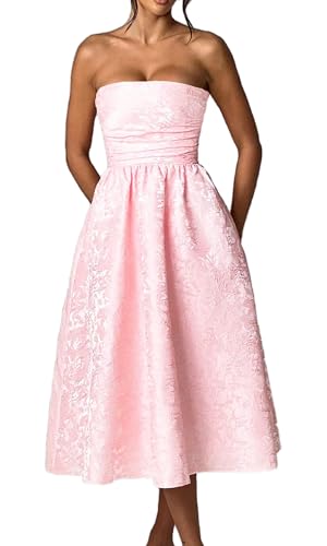 Embroidery Satin Prom Dresses for Women Strapless Formal Evening Party Gowns Tea Length A-Line Ball Gown