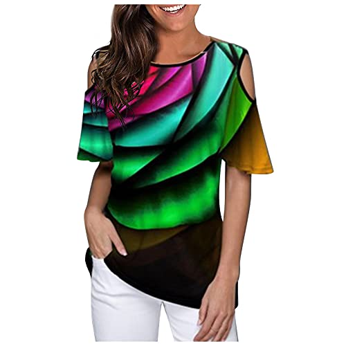 Women Summer Crew Neck Tshirt Tops Sexy Cold Shoulder Elegant Tunic Tees Fashion Tie-Dyed Short Sleeve Loose Blouse