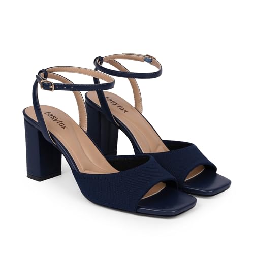 Image of Easyfox Open Toe Chunky Heel Sandals for Women Ankle Strap 3 Inch High Heels Dress Wedding Block Shoes