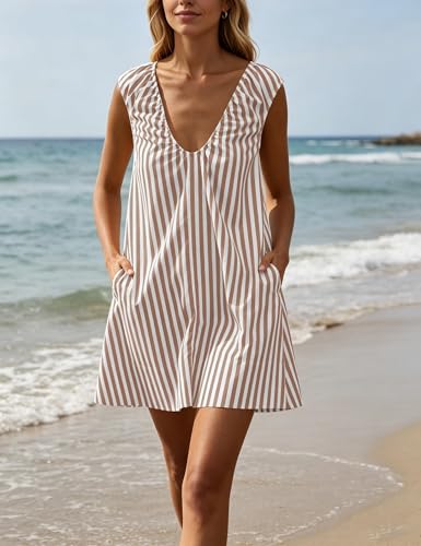 Image of OLAPTA Women Summer Sleeveless Babydoll Mini Tank Dresses Loose Fit Scoop Neck Ruched Short Dress with Pockets Party Clubwear