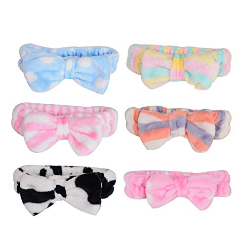 Sankuwen Cute Bow Headbands Fleece Elastic Bowknot Makeup Hairband for Spa, Facial, Bath, Makeup and Sport, Pack of 6, Send by Ramdon
