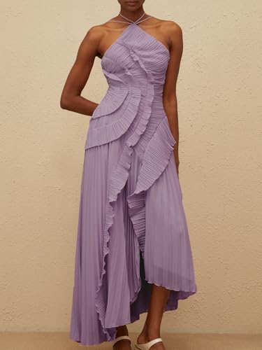 Image of Women Y2k Backless Long Dress Halter Tie Neck Maxi Dress Flowy Beach Sundress Summer Streetwear