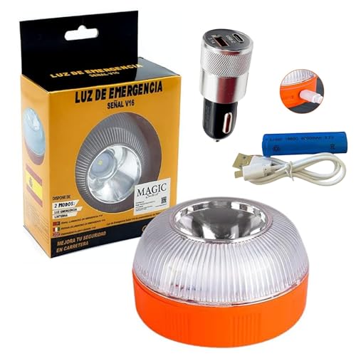 MAGIC SELECT Luz de Emergencia V16 con Cargador de Coche. para Señalización en Carretera de Coche y Moto. Luz Intermitente y Fija con Encendido Automático, Base Imantada, Batería Recargable.
