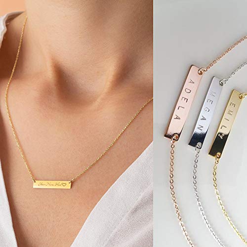 14K Solid Gold Bar Necklace Personalized Name Bar Pendant Necklace Real Gold Custom Name initial ID Bar Necklace Gift for Women4