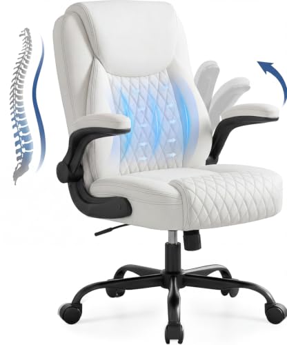 GTPOFFICE Executive Office Chair with Comfortable Lumbar Support, Ergonomic Gaming Chair with Flip-up Armrests & Zoned Pressure-Relief Cushion, Comfy Leather Desk Chair, White
