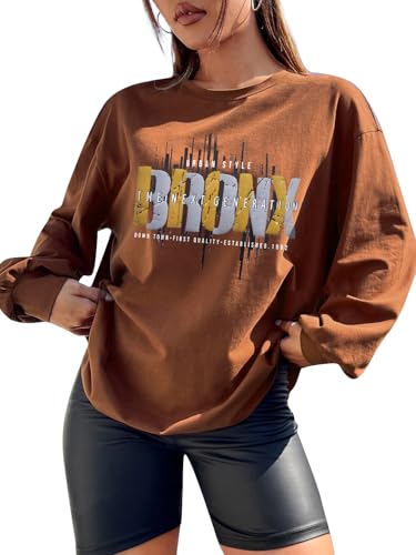 Image of CHKOKKO Oversized Round Neck Drop Shoulder Printed Polyester Full Sleeves T-Shirt for Women