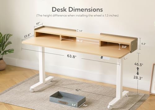 Image of Claiks Standing Desk with Drawers & Wheels, 2 Height Shelf 63 inch Natural