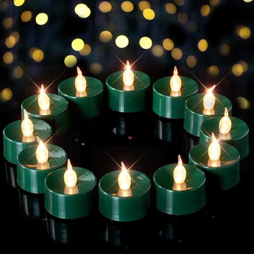 merrynights Lot de 12 bougies chauffe-plat à LED vertes à piles, bougies chauffe-plat sans flamme, bougies chauffe-plat réalistes pour Halloween, Noël,...