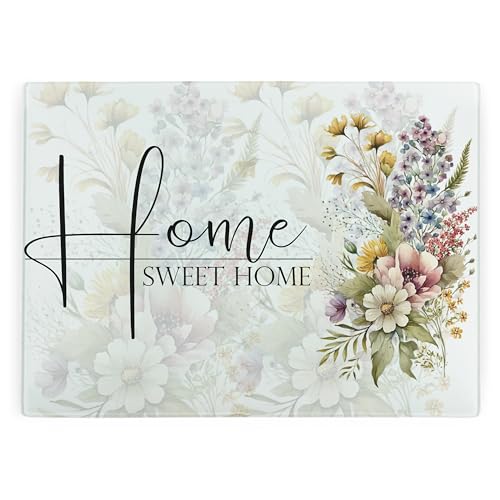 Home Sweet Home Large Rectangular Glass Worktop Protector - Floral Housewarming Gifts - Smooth Board Kitchen Chopping/Cutting Board Worktop Saver with Non-Slip Feet 39cm x 28.5cm (15 x 11)