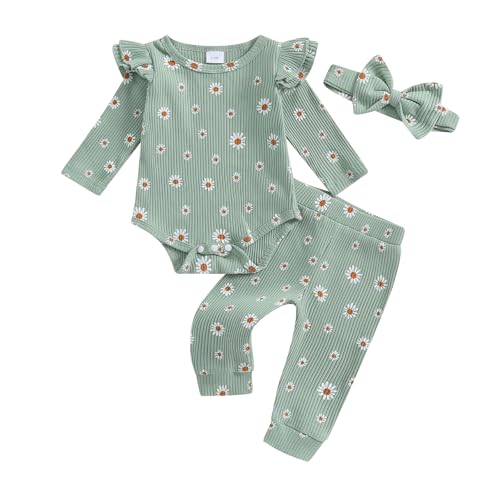 Image of Molgkyo Newborn Infant Baby Girl Clothes Ribbed Long Sleeve Ruffle Romper Long Pants Headband Sets 3Pcs Fall Winter Outfits