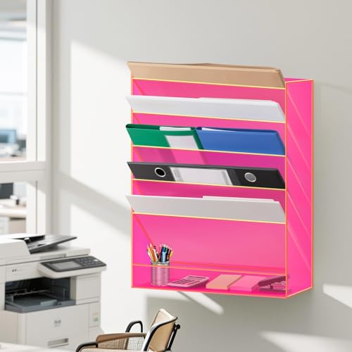Gelite Hanging File Organizer Acrylic Wall File Holder for Office Vertical Paper Organizer Wall Mounted Magazine Rack, 5 Pockets, Neon Pink by Gelite - Image 4