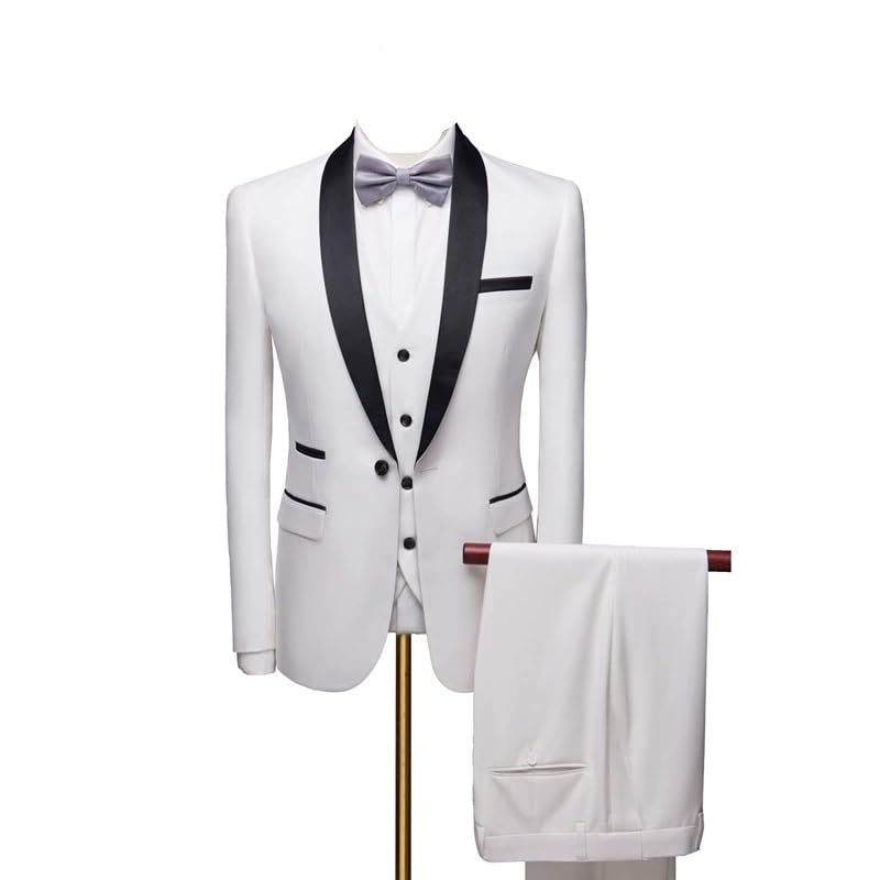 Slim Fit 3 Piece Tuxedo Outfit for Men Vest Pants Suit for Business Formal Wedding Office Groom Prom Look(White,Large)