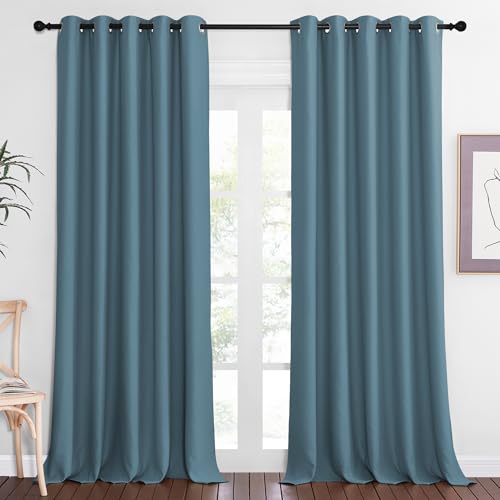 NICETOWN Patio Blackout Curtain Panels - Extra Wide Sliding Door Thermal Insulated Drape, Privacy Room Divider Curtain for Bedroom Office (Smoky Blue, 66 x 118 Inch Long)