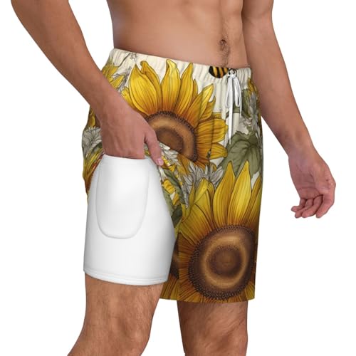 Men's Swim Trunks Quick Dry Board Shorts Bees Sunflowers Daisy Rose Flowers Beach Shorts with Pocket Bathing Suits for Men2