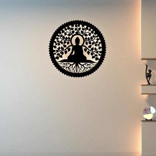 LASER ART Premium Wooden LED Buddha Wall Hanging Light | Spiritual Home Decor | Meditation Room Art | Divine Wall Lamp for Positive Energy, Peace & Elegant Living Room Decoration