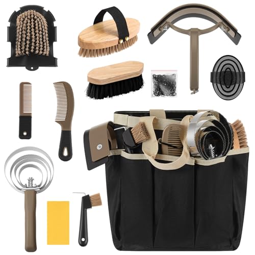 Abbylike-12-Pieces-Horse-Grooming-Kit-with-Organizer-Tote-Bag-Tack-Room-Supplies-Horse-Brush-Sets-Equine-Care-Cleaning-Kit-Shedding-Grooming-Massaging-ToolsKhaki Abbylike 12 Pieces Horse Grooming Kit with Organizer Tote Bag Tack Room Supplies Horse Brush Sets Equine Care Cleaning Kit Shedding Grooming Massaging Tools(Khaki) - Image 1