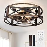 addlon 20 inch Farmhouse Flush Mount Ceiling Fans with Lights and Remote, Small Black Caged Low Profile Fandelier, 6 Speeds Bladeless Ceiling Fan for Bedroom, Kitchen, Living Room, Indoor