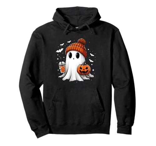 Cute Ghost Drinking Coffee Halloween Ghost Ice Coffee Womens Pull...