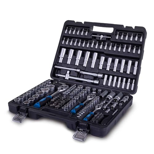 Scheppach Werkzeugkoffer TB180 Steckschlüsselsatz 180-tlg | 1/4+3/8+1/2 Ratschen, Verlängerung, Schraubendreher, Stecknüssen & Bits | Sechs- und Vierkant Ratschenkasten Knarrenkasten Werkzeug-Set