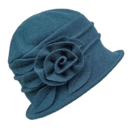 Wool Cloche Hat for Women Winter Bucket Hat 1920s Vintage Floral Fedoras Hat(Blue)