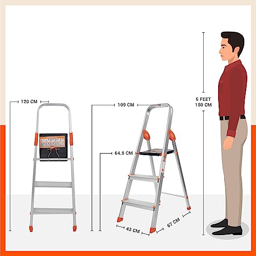 Image of Bathla Advance Carbon - 3 Step Foldable Aluminium Ladder with Scratch Resistant Smart Platform and Sure-Hinge Technology (Orange)
