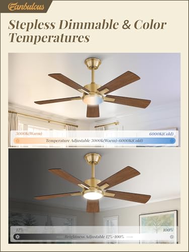 Image of Fanbulous 42 Inch Black and Gold Ceiling Fans with Lights and Remote, Stepless Color Temperature Change & Dimmable 20W LED Ceiling Fan, 6 Speeds Reversible Quiet DC Motor for Bedroom, Living Room