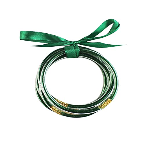 Caiyao Lightweight Colorful Glitter Jelly Beads Filled Bangles Stackable Silicone Bracelets with Bowknot Set Cute Lovely Sparkling Jewelry for Women
